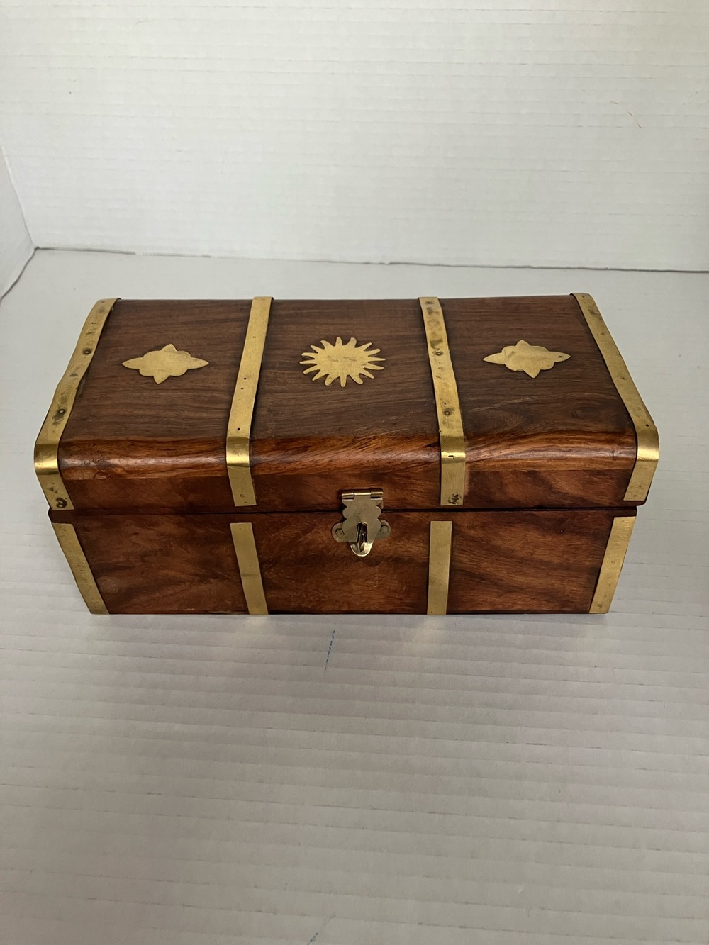 Vintage Wood and Brass Decorative Treasure Box - Sun Motif 8x4x3.5” India‎